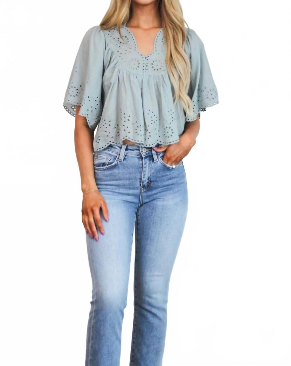 NEW MABEL raven eyelet babydoll top in dusty sage